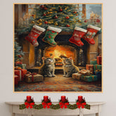Adorable Christmas Kittens Sitting by Fireplace with Stockings and Tree Festive Holiday Scene Perfect for Home Winter Decor and Seasonal Gift on Ready to Hang 1.5" Thick Canvas Wrap, Floating Framed Canvas, Flat Rolled Canvas
